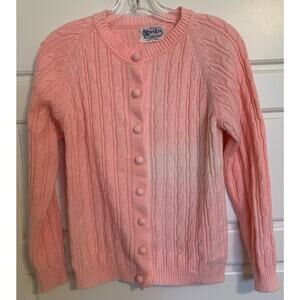 VTG Grandma Sweater Cardigan Hot Pink Glen Lea Cable Knit Size S-Missing SZ Tag